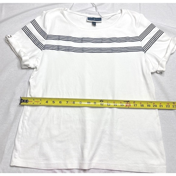 Karen Scott Tops - Karen Scott Womens XXL White Navy Blue Striped Short Sleeve Top Grommet Detail